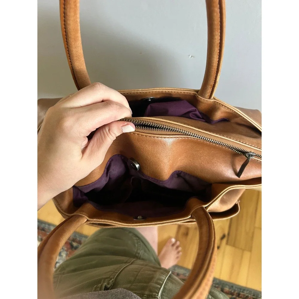 Matt & Nat Tan Vegan Leather Satchel Crossbody Bag with Purple Lining